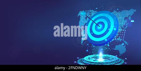 Concetto di raggiungimento degli obiettivi. Modello di banner aziendale con obiettivo 3D, ologramma e mappa del mondo. Bersaglio per freccette con una freccia per l'occhio del toro. Operazione riuscita Illustrazione Vettoriale