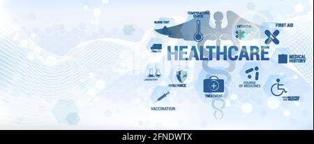 Banner di concetto sanitario blu con icone e aspetti medici. Banner di design in stile scientifico. Illustrazione del vettore medico per la diagnostica e. Illustrazione Vettoriale