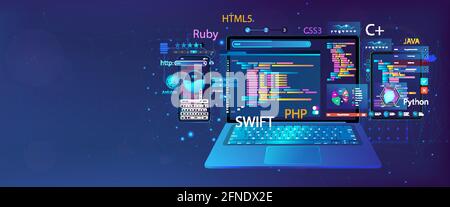 Software di sviluppo banner Web e interfaccia utente in diversi dispositivi. Dashboard dell'app con codice e elementi dell'interfaccia utente, grafici e dati di analisi Illustrazione Vettoriale