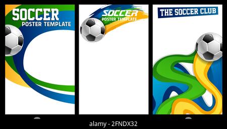 Poster di calcio, calcio con pallina 3d realistica e colorati cartoni animati e sentieri di colore giallo, verde e blu su sfondo bianco. Club cham Illustrazione Vettoriale