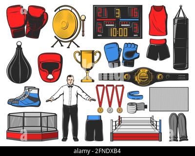 Boxe icone di kickboxing o MMA Fight attrezzature e oggetti, vettore. Boxe indumenti ed equipaggiamento di guanto, sacco da punzonatura e casco da boxe, refere Illustrazione Vettoriale