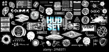 Set di elementi HUD grafici futuristici. Elementi scifi per interfaccia utente, GUI, Web e tecnologia VR. Elementi ciberpunk (cerchi hi-tech, forme, ologrammi, grafici Illustrazione Vettoriale