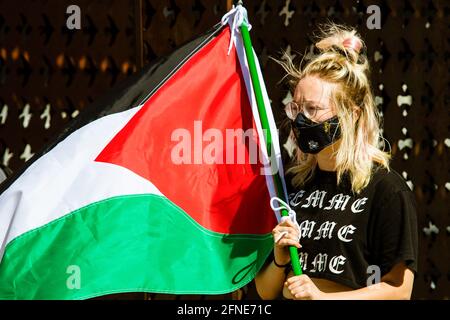 Reno, Stati Uniti. 16 maggio 2021. Durante la manifestazione un manifestante detiene una bandiera palestinese. I manifestanti Pro Palestinesi si sono riuniti per un raduno nella piazza della città per condividere il loro sostegno alla Palestina e la rabbia per quello che vedono come aggressione israeliana. I relatori all'evento hanno espresso il desiderio che gli Stati Uniti smettano di inviare aiuti militari a Israele. Credit: SOPA Images Limited/Alamy Live News Foto Stock