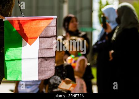 Reno, Stati Uniti. 16 maggio 2021. Durante la manifestazione un manifestante detiene una bandiera palestinese. I manifestanti Pro Palestinesi si sono riuniti per un raduno nella piazza della città per condividere il loro sostegno alla Palestina e la rabbia per quello che vedono come aggressione israeliana. I relatori all'evento hanno espresso il desiderio che gli Stati Uniti smettano di inviare aiuti militari a Israele. Credit: SOPA Images Limited/Alamy Live News Foto Stock