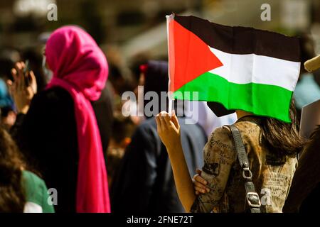 Reno, Stati Uniti. 16 maggio 2021. Durante la manifestazione un manifestante detiene una bandiera palestinese. I manifestanti Pro Palestinesi si sono riuniti per un raduno nella piazza della città per condividere il loro sostegno alla Palestina e la rabbia per quello che vedono come aggressione israeliana. I relatori all'evento hanno espresso il desiderio che gli Stati Uniti smettano di inviare aiuti militari a Israele. Credit: SOPA Images Limited/Alamy Live News Foto Stock