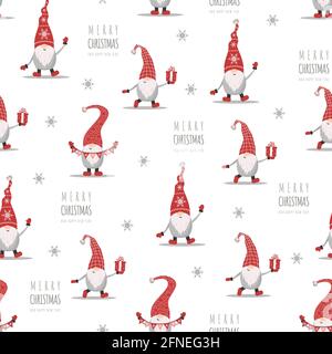 Modello natalizio con gnomi in cappelli rossi. Elfi scandinavi carini. Illustrazione vettoriale in stile cartoon. Nuovo anno di progettazione per il confezionamento di carta, tessuti Illustrazione Vettoriale