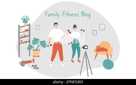 Blog di idoneità della famiglia. I bloggers stanno registrando il soddisfare per il loro video blog. Gli atleti stanno trasmettendo ai loro abbonati con la macchina fotografica sul treppiede Illustrazione Vettoriale
