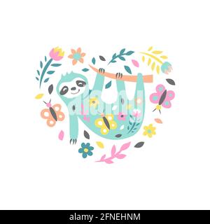 Sloth con fiori e farfalle su bianco. Stampa carina per biglietti e poster. Illustrazione vettoriale Illustrazione Vettoriale