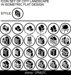 Icona del paesaggio urbano impostata in un design piatto isometrico con linee bianche, riempimenti neri su un cerchio di linee nere e sfondo di riempimento bianco. Illustrazione Vettoriale