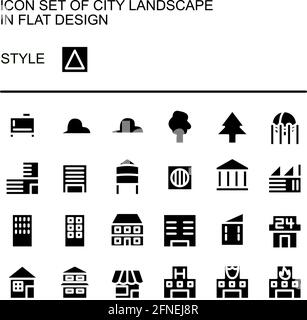 Icona del paesaggio urbano in un design piatto con linee bianche, riempimenti neri. Illustrazione Vettoriale