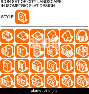 Icona del paesaggio urbano in un design piatto isometrico con linee bianche, riempimenti arancioni, contorni bianchi, forma di un bianco ombreggiato su un quadrato rotondo di o Illustrazione Vettoriale