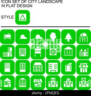 Icona del paesaggio urbano in un design piatto con linee verdi, riempimenti bianchi, su un quadrato rotondo di linea verde e sfondo di riempimento verde. Illustrazione Vettoriale