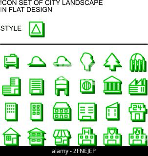 Icona del paesaggio urbano in un design piatto con linee verdi, riempimenti bianchi, ombra esterna. Illustrazione Vettoriale