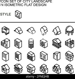 Icona del paesaggio urbano in design piatto isometrico con linee nere, riempimenti bianchi. Illustrazione Vettoriale