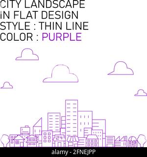 paesaggio urbano dal design piatto con linee sottili viola e riempimenti bianchi. Illustrazione Vettoriale