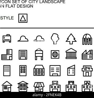 Icona del paesaggio urbano in design piatto con linee nere e riempimenti bianchi. Illustrazione Vettoriale