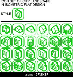 Icona del paesaggio urbano impostata in un design piatto isometrico con linee verdi, riempimenti bianchi, contorno verde, ombra del verde su un cerchio di linea verde e. Illustrazione Vettoriale