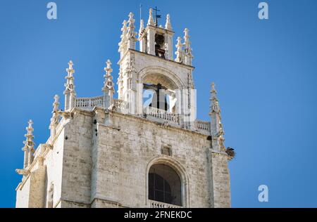 Primo piano del campanile della cattedrale gotica Castilla y Leon a Palencia in Spagna Foto Stock