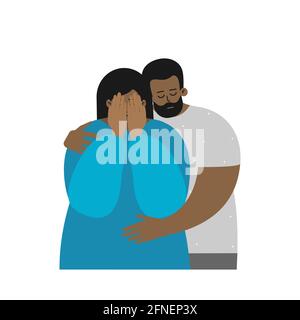 Vettore flat illustrazione sulla salute mentale in famiglia, importanza per sostenere partner in depressione e stress. Sbalzi di umore della donna incinta. Africano Illustrazione Vettoriale