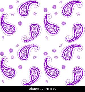 Tradizionale modello indiano conosciuto come paisley in senza cuciture con viola e bianco. Illustrazione Vettoriale