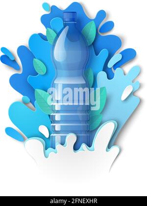 Bottiglia di plastica con acqua da bere, schizzi e gocce di liquido tagliato in carta, illustrazione vettoriale. Modello di annunci per acqua minerale. Illustrazione Vettoriale