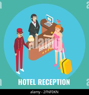 La receptionist dell'hotel effettua il check-in della ospite femmina, illustrazione isometrica vettoriale. Servizio di registrazione alla reception dell'hotel. Illustrazione Vettoriale