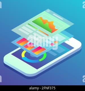 Illustrazione vettoriale piatta del concetto di analisi mobile. Schermi isometrici per smartphone con grafici e grafici. Illustrazione Vettoriale