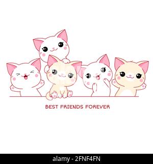 Migliori amici per sempre. Bordo orizzontale con gatti carini in stile kawaii. Isolato su sfondo bianco. Illustrazione vettoriale per disegno di t-shirt, poste Illustrazione Vettoriale