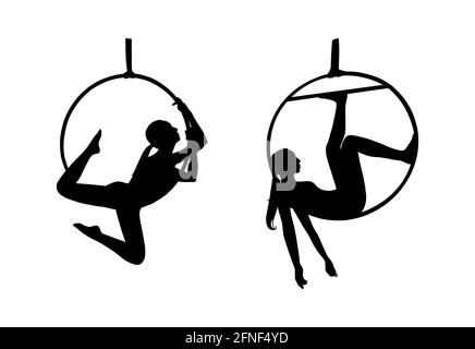 Silhouette donna Circus per loghi. Donna acrobat nel cerchio aereo. Illustrazione vettoriale isolata su sfondo bianco Illustrazione Vettoriale