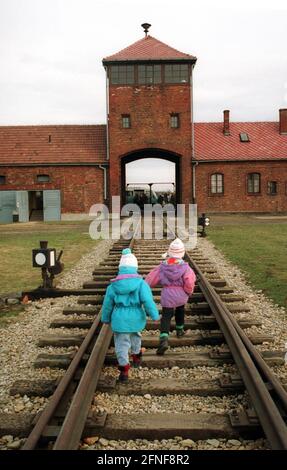 Museo dell'Olocausto nell'ex campo di concentramento di Auschwitz, campo di Birkenau. Foto: Il cancello d'ingresso attraverso il quale i treni entrarono nel campo. [traduzione automatizzata] Foto Stock