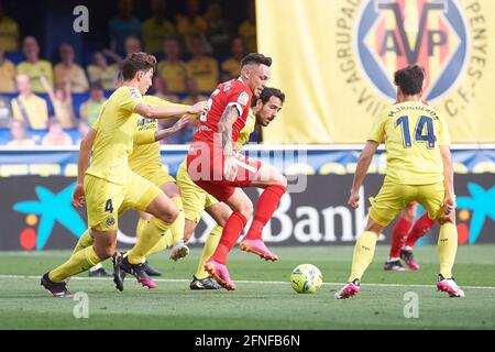 Lucas Ocampos di Siviglia e Pau Torres, Dani Parejo, Manu Trigueros di Villarreal CF durante la partita di calcio del campionato spagnolo la Liga tra Villarreal CF e Sevilla FC il 16 maggio 2021 all'Estadio Ciutat de la Ceramica di Vila-Real, Spagna - Foto Maria Jose Segovia / Spagna DPPI / DPPI / LiveMedia Foto Stock