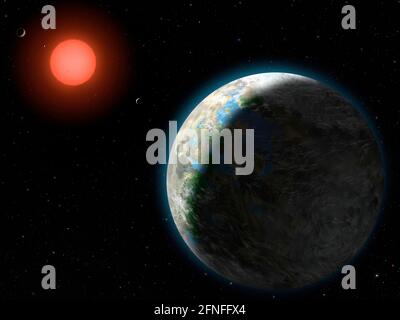 Sistema Gilese 581 - pianeti del sistema Gliese 581. La concezione di questo artista mostra i quattro pianeti interni del sistema Gliese 581 e la loro St ospite Foto Stock