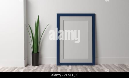 Poster mockup su una parete bianca con una cornice blu. Immagine CGI, rendering 3D, illustrazione 3D Foto Stock