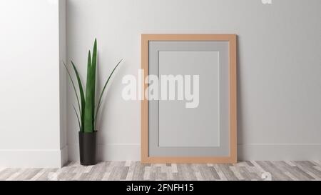 Poster mockup su una parete bianca con una cornice di colore naturale. Immagine CGI, rendering 3D, illustrazione 3D Foto Stock