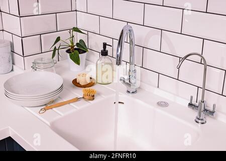Cucina moderna con utensili per il lavaggio dei materiali naturali e piante verdi. Foto Stock