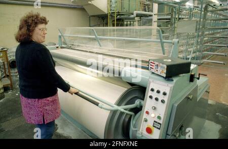 Sassonia / GDR / 1991 Neugersdorf, la società tessile della GDR LAUTEX GmbH appartiene ancora alla Treuhand, non è stato trovato un acquirente. L'intero settore va in bancarotta. Lavoratori tessili // Donne / lavoro / Economia / Stati federali // industria tessile della RDT [traduzione automatizzata] Foto Stock