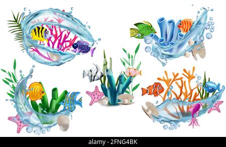 Divertenti tropici pesci colorati, alghe, coralli, stelle marine, conchiglia con perla, guscio, spruzzi d'acqua. Mondo sottomarino, personaggio Cartoon. Illustrazione vettoriale 3D. Illustrazione Vettoriale
