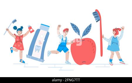 Cura dentale dei bambini e odontoiatria pediatrica con i capretti carini, , illustrazione del vettore del cartone animato. Illustrazione Vettoriale