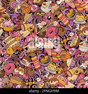 Doodles Cartoon Dessert modello senza cuciture. Illustrazione Vettoriale