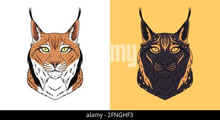 Testa lince marrone e nero con occhi verdi e dorati, lince isolata. Bob predatore. Profilo, logo e mascotte Lynx. Illustrazione vettoriale Illustrazione Vettoriale