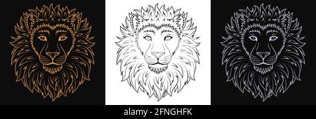 Testa leone in oro, nero e argento, set di contorno isolato faccia leone. Gatto selvatico predatorio. Lion silhouette, logo e mascotte. Illustrazione vettoriale Illustrazione Vettoriale
