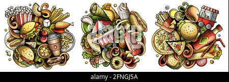 Fastfood cartone animato vettore doodle disegni set. Illustrazione Vettoriale