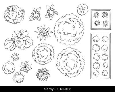 Disegno architetto paesaggio elemento insieme grafico bianco nero alto schizzo vista aerea illustrazione vettore Illustrazione Vettoriale