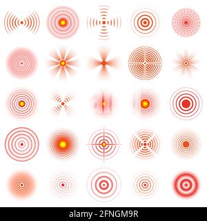 Cerchio di dolore. Cerchi sonar del dolore rosso, anelli di localizzazione del dolore umano insieme di illustrazioni vettoriali. Cerchi sonar di dolore medico Illustrazione Vettoriale