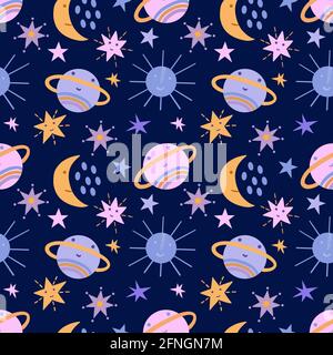 Motivo senza cuciture con simpatici oggetti colorati spazio. Sfondo blu, grafica vettoriale. Per l'imballaggio di carta, tessuti, indumenti per bambini, stampe di copertina Illustrazione Vettoriale