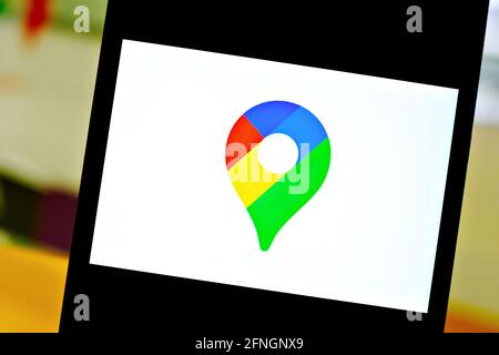 Foto editoriale sul tema di Google Maps. Foto illustrativa per notizie su Google Maps - un prodotto di web mapping sviluppato da Google Foto Stock