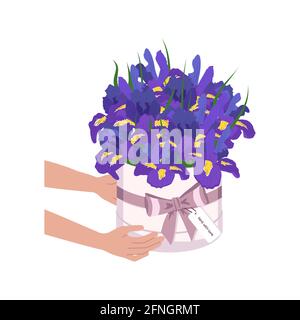 Le mani tengono i fiori in una scatola rotonda. Consegna di un bouquet di iris. Composizione di fioritura primaverile Illustrazione Vettoriale