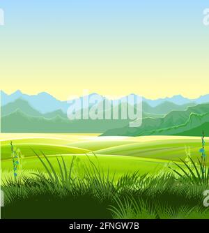 Paesaggio rurale. Colline e prati. Pascoli e terreni agricoli. Splendida vista sulla natura. L'orizzonte è lontano. Terreno agricolo di campagna. Illustrazione. Vettore Illustrazione Vettoriale