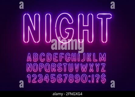 Sfumatura rosa viola neon chiaro su uno sfondo scuro. Alfabeto incandescente. Illustrazione Vettoriale