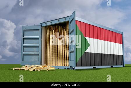 Contenitore per trasporto con bandiera Sudan riempito con barre d'oro. Alcune barre d'oro sparse sul terreno - 3D rendering Foto Stock